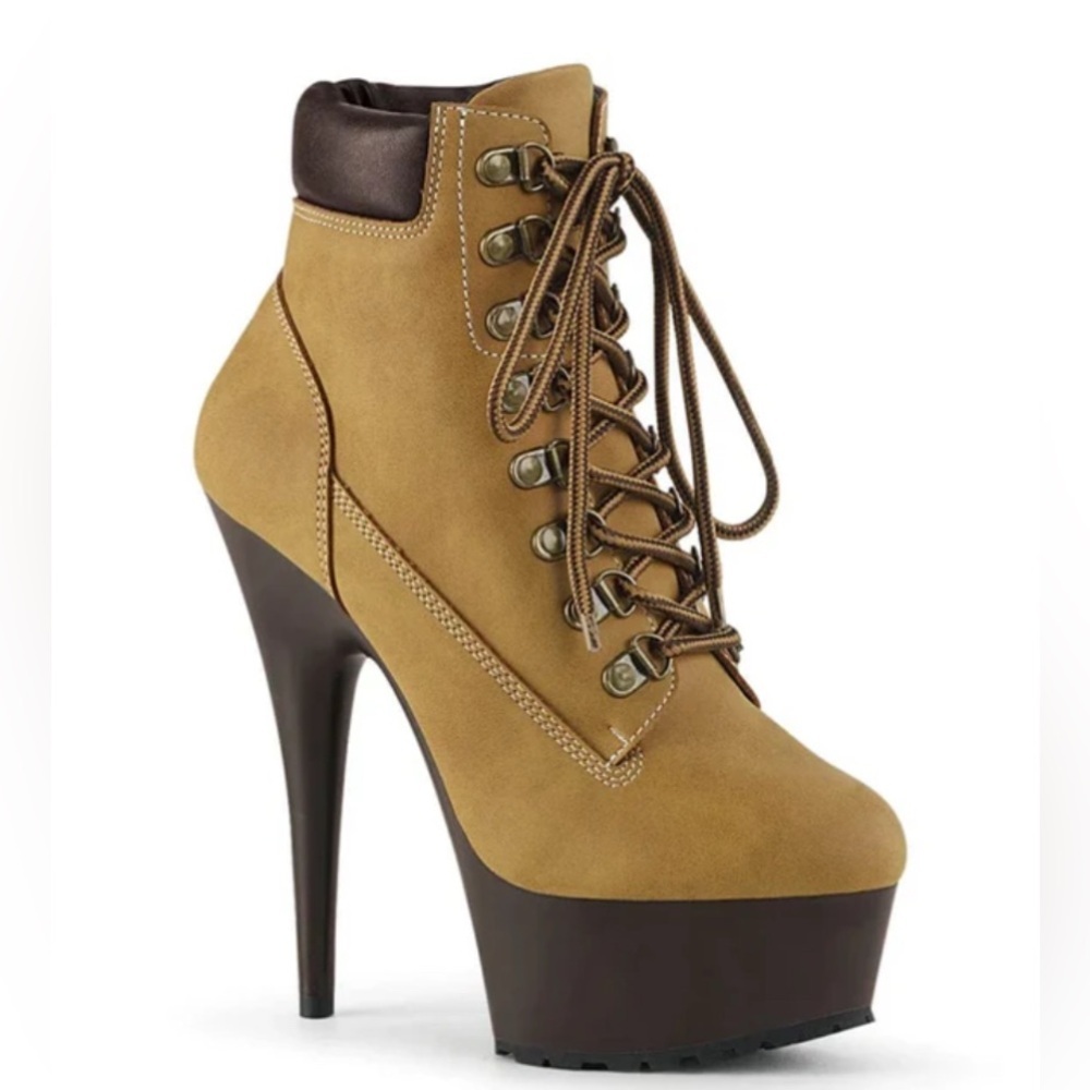 🦋B2G1🦋PLEASER 6” Tan Nubuck Faux Leather Brown Lace Up Platform Stiletto Boots